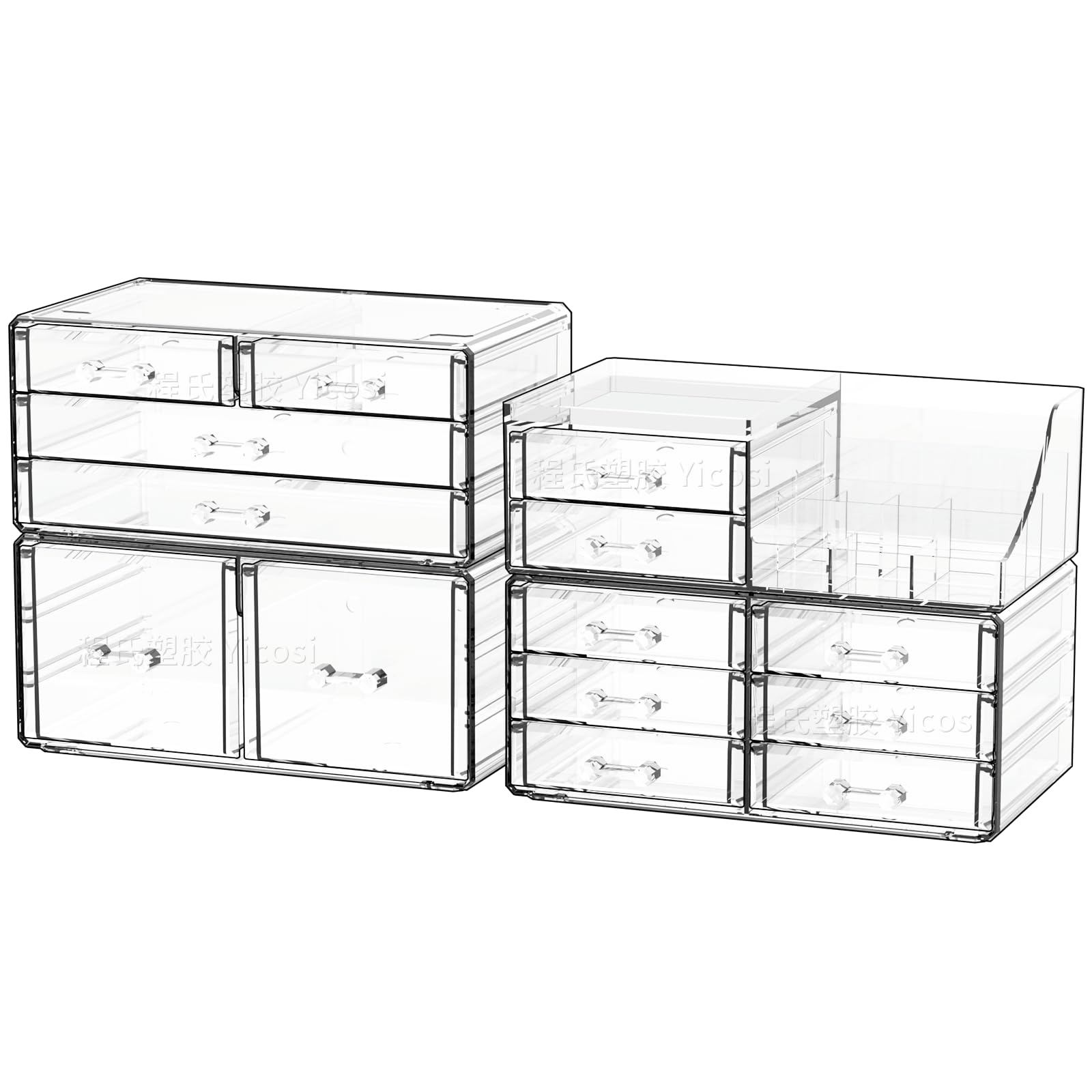 Cq Acrylic Make Up Organizers For Vanity With 14 Drawers, 4 Pack Clear Drawer Organizers,Plastic Cute Desk Accessories Organizat