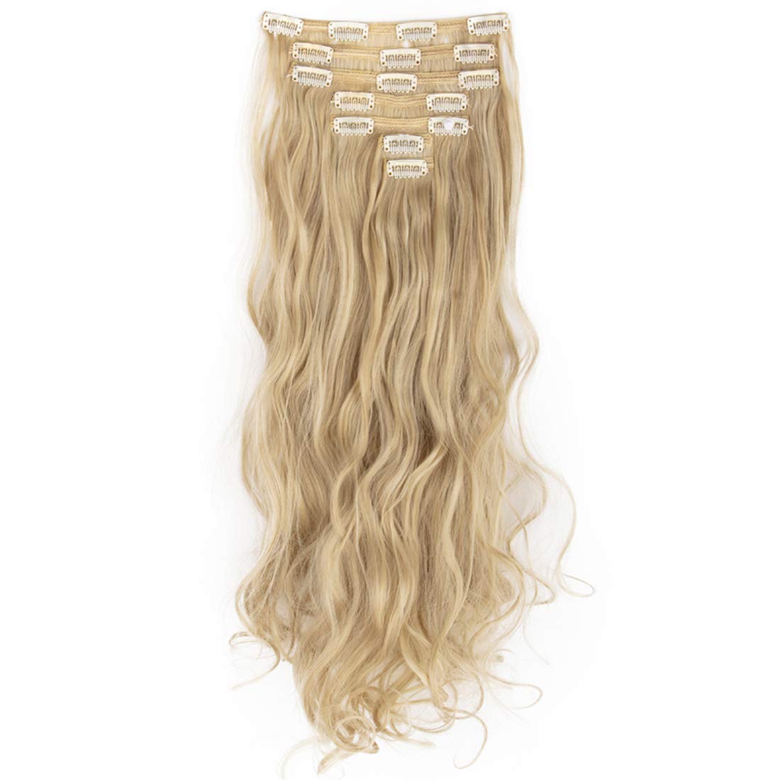 LELINTA 7Pcs 16 Clips 24 Inch Wavy Curly Full Head Clip in on Double Weft Hair Extensions Sandy Blonde Mix Bleach Blonde
