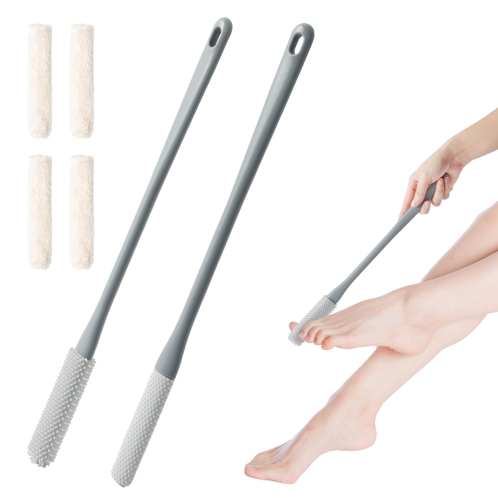 Shower Foot Scrubber Brush, 15.7'' Toe Cleaning Brush With 4 Reusable Drying Covers, Long Handle Silicone Bristles Lotion Applic