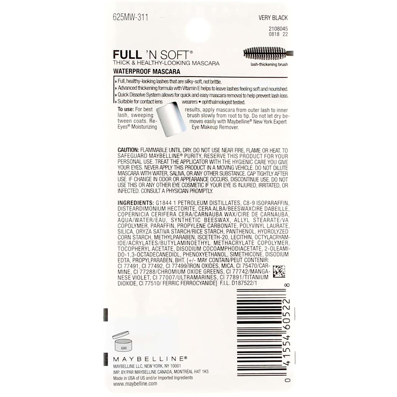 Maybelline Full 'N Soft Waterproof Mascara, Very Black [311], 0.28 Oz (Pack Of 2)