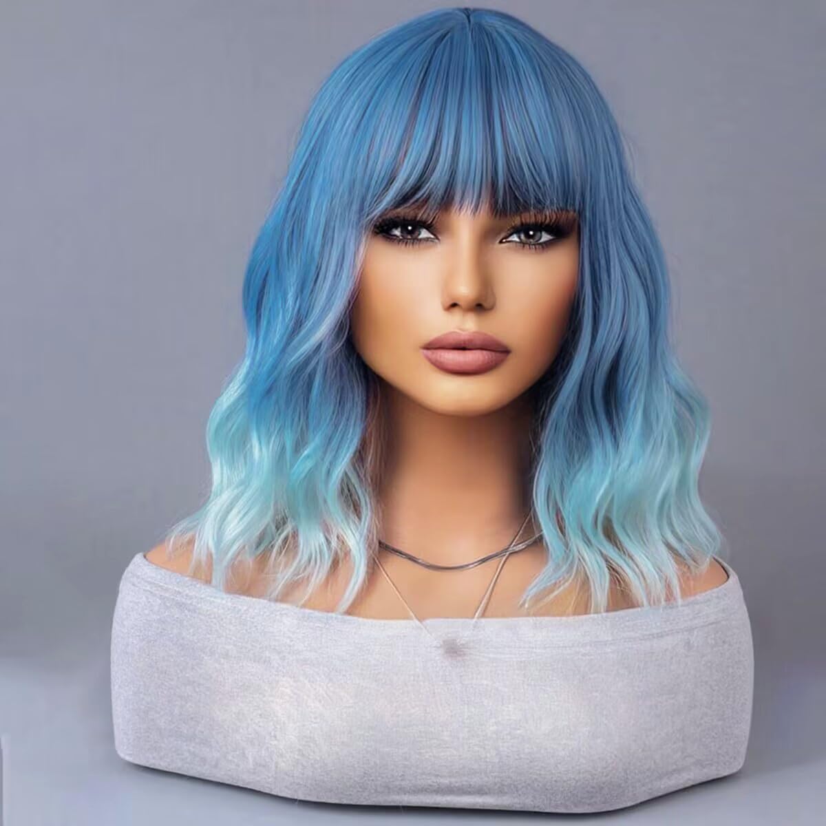 WTHCOS Blue Ombre Short Bob Wig Blue to Light Blue Wig Short Curly Wavy Wig With Bangs for Women Ombre Blue Wig Heat Resistant S