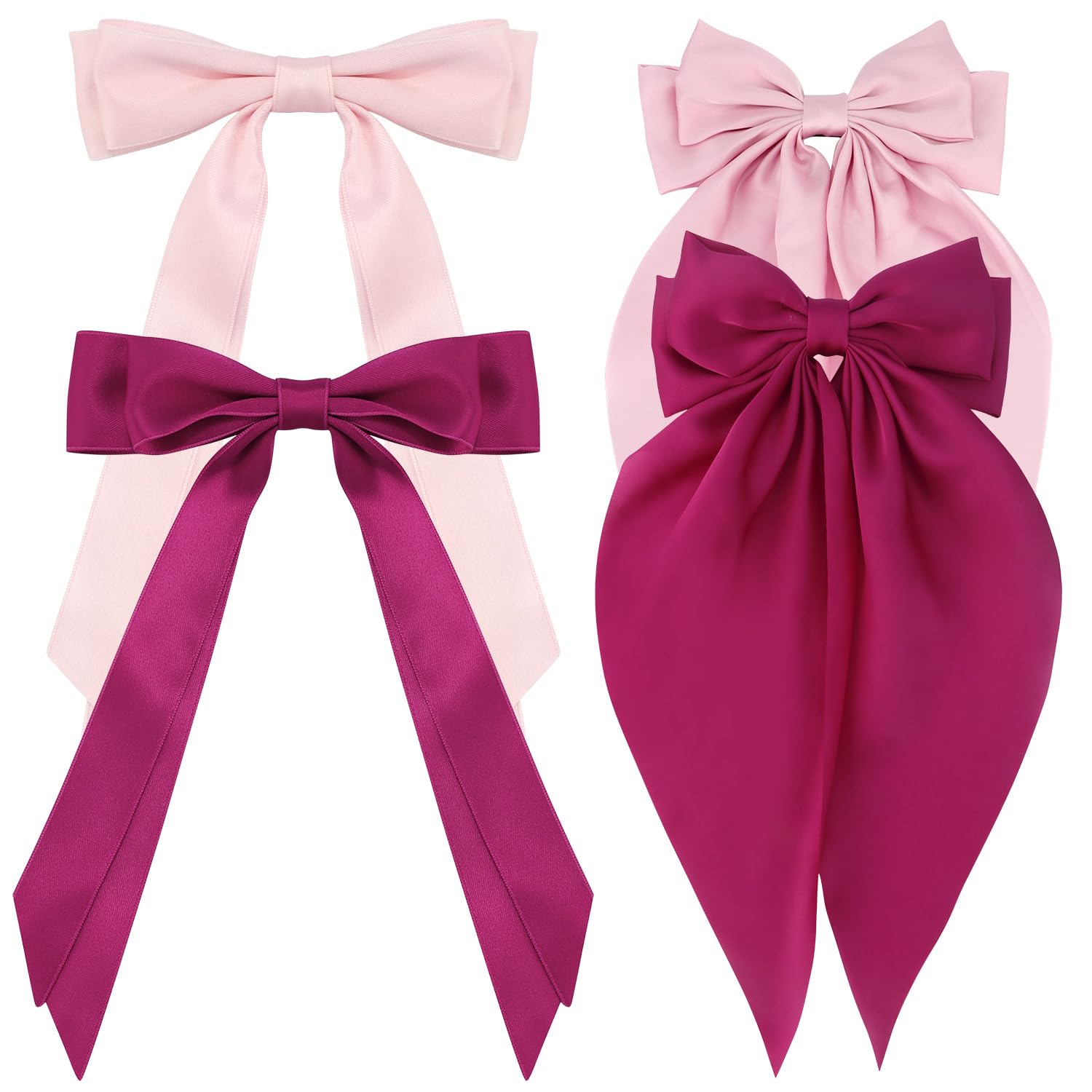 Atoden Pink Hair Bows 4Pcs Silky Satin Hair Ribbons Cute Coquette Bows Oversized Long Tail Bow Hair Barrettes Metal Clips Big Bo