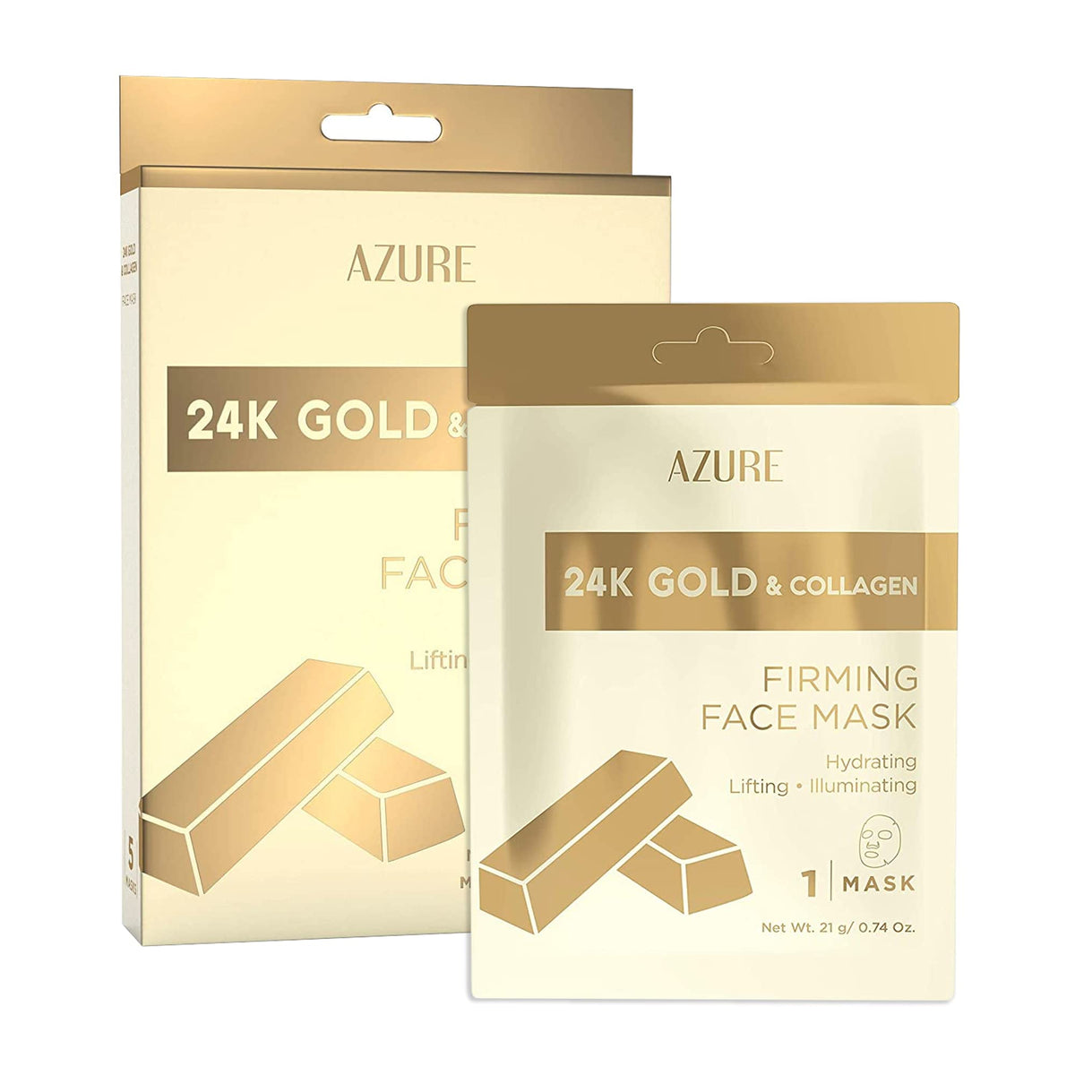 AZURE 24K Gold Firming Face Mask- Anti Aging, Hydrating, Toning & Firming Facial Sheet Mask - Helps Reduce Wrinkles & Fine Lines