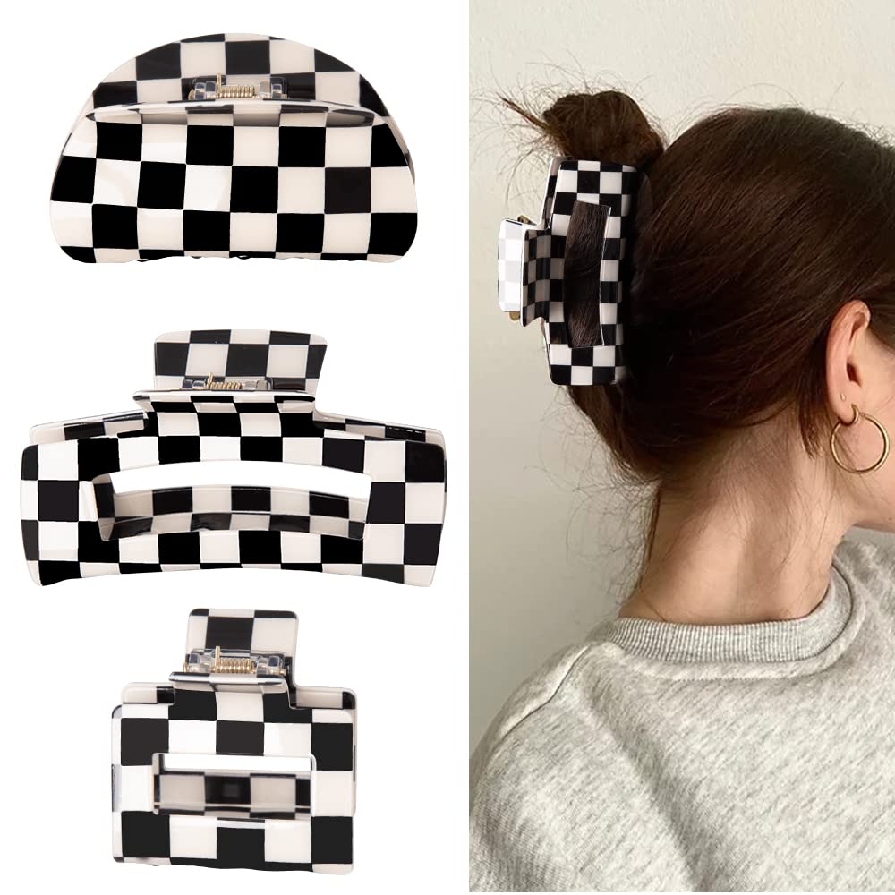 Bmobuo 3Pcs Checkered Claw Clip, Vintage Checkered Hair Clip Y2K Hair Barrettes for Women Girls Hair Claw Clips for Thick Thin H