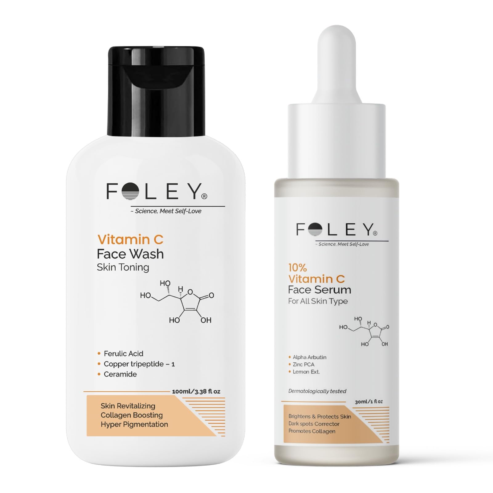 FOLEY Skincare Combo  Vitamin C Face Wash (100 ml) & 10% Vitamin C Face Serum (30 ml)  Daily Cleansing & Brightening Routine f