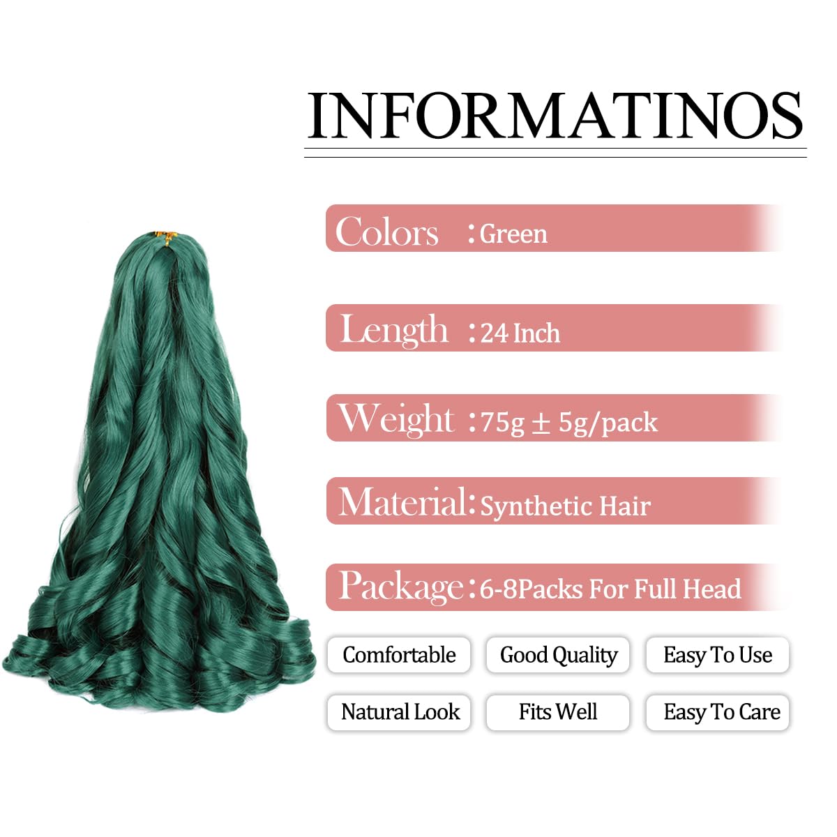 Luoyudu Green French Curl Braiding Hair 24 Inch Bouncy Braiding Hair 8 Pack Curly Braiding Hair 75G/Pack Loose Wave Crochet Hair