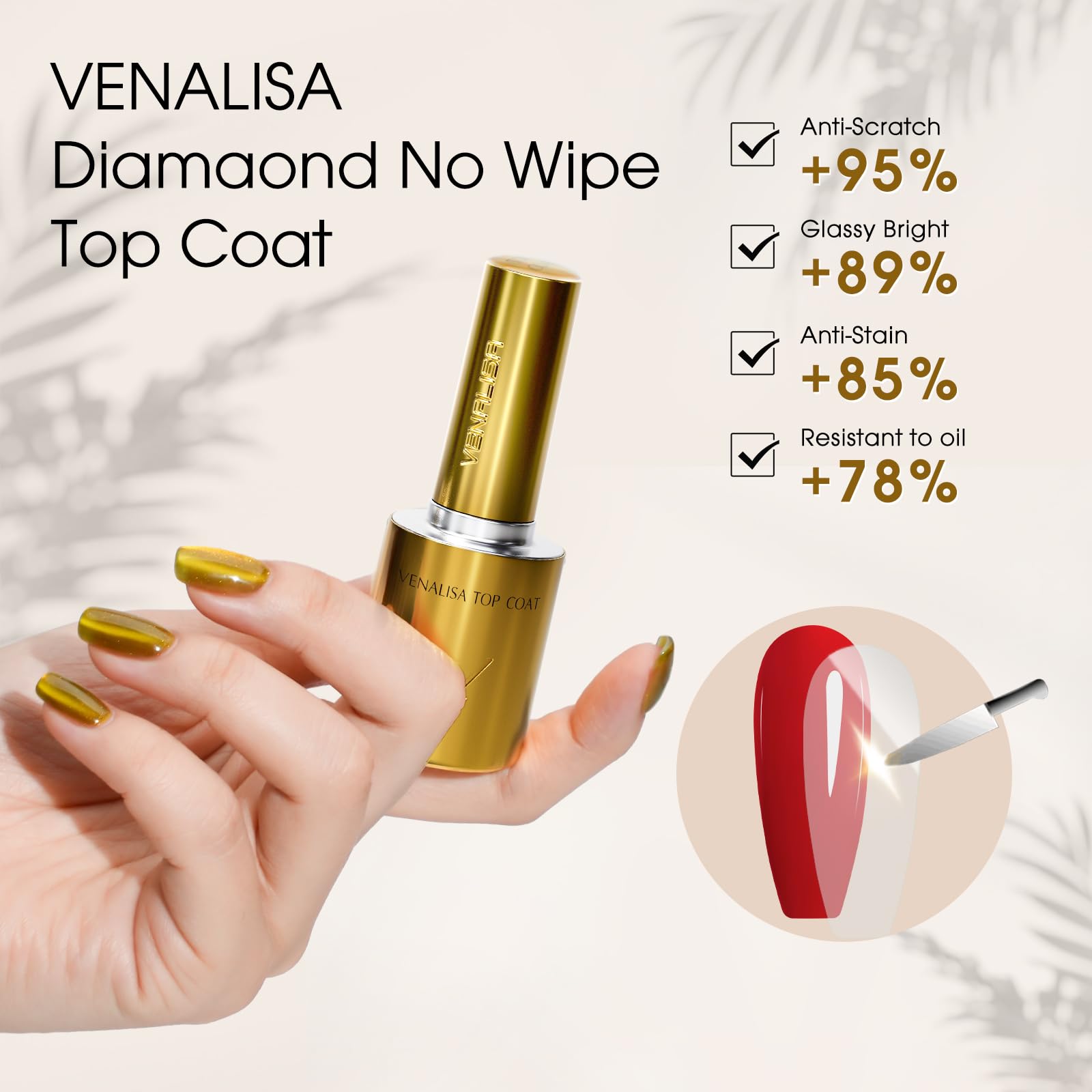 VENALISA No Wipe Gel Top Coat for Gel Nail Polish, Clear Color Top Coat 10ML Shiny Finish Long Lasting Soak Off Salon Manicure D