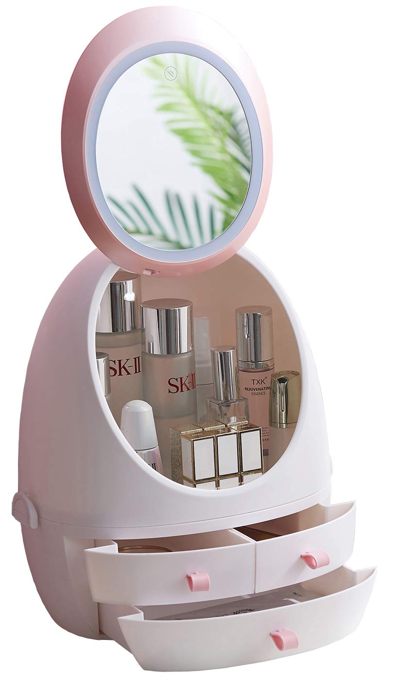 Sooyee Makeup Organizer,Bathroom Counter Organizer, Modern Jewelry and Cosmetic Display Cases with Led Lighted Mirror,Make Up Or