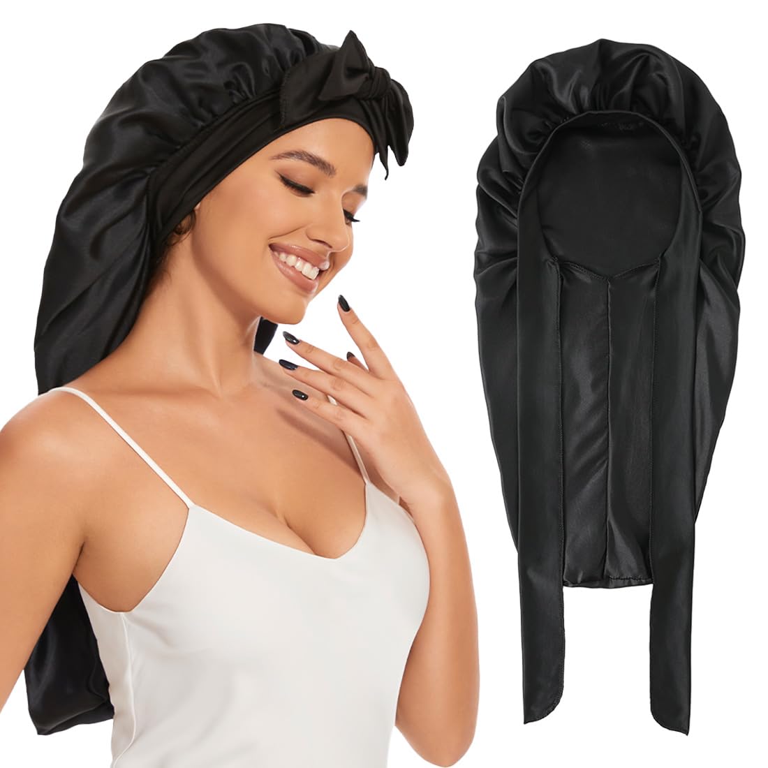 Long Satin Bonnet For Sleeping, Satin Lined Braid Bonnet With Elastic Band, Adjustable Long Strap Bonnets For Women Braids Dread