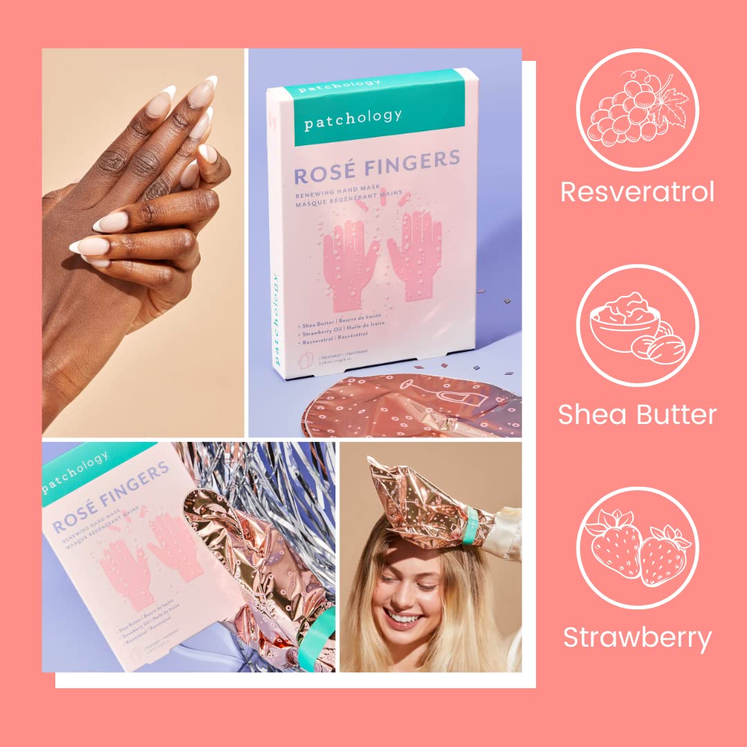 Patchology Rose Fingers Renewing Hand Mask - Strawberry Scented Moisturizing Gloves, Hand Masks For Dry & Cracked Hands, Shea Bu
