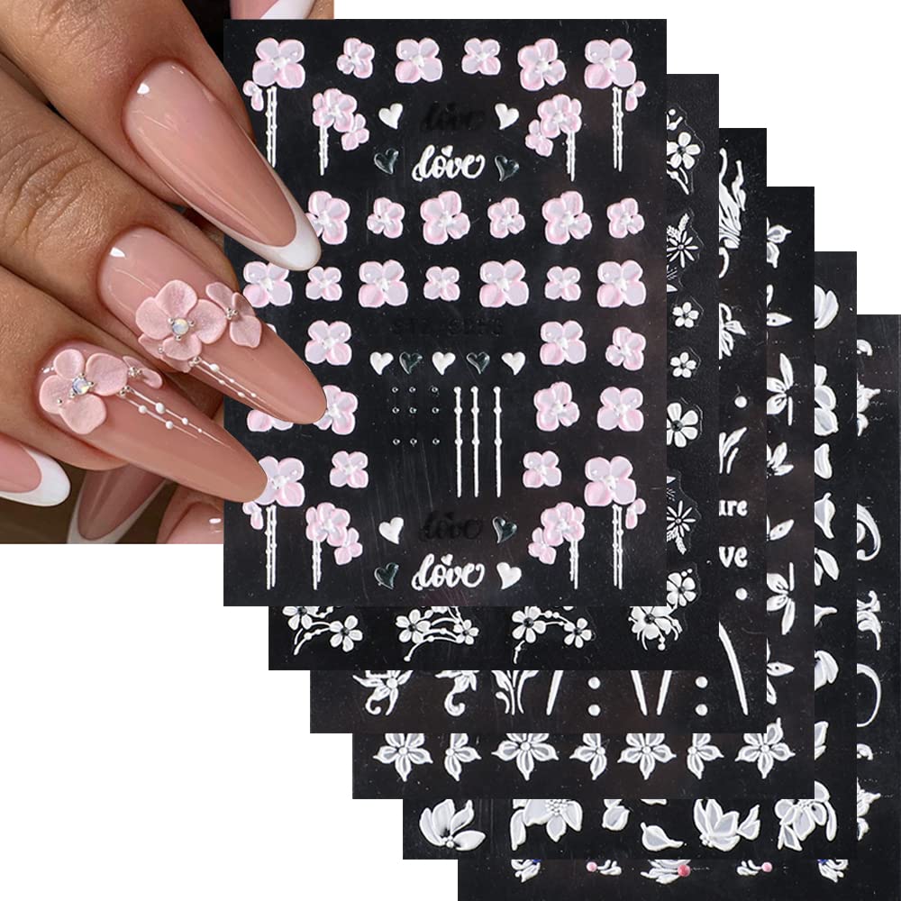 5D Embossed Flower Nail Art Stickers Decals 6 Sheets Self-Adhesive Exquisite Pink Blossom White flower Nail Supplies Nail Art De