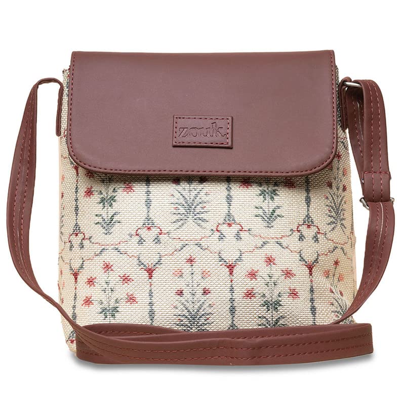 ZOUK Taj Nakashi Motif Printed Womens Hand Crafted White Flap Sling Bag