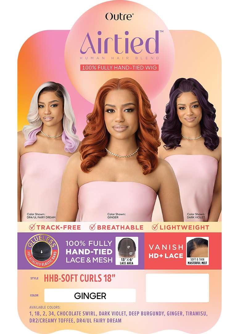 Outre Airtied 100% Fully Hand-Tied Wig - Human Hair Blend - Soft Curls 18    (BROWN GRAY 34)