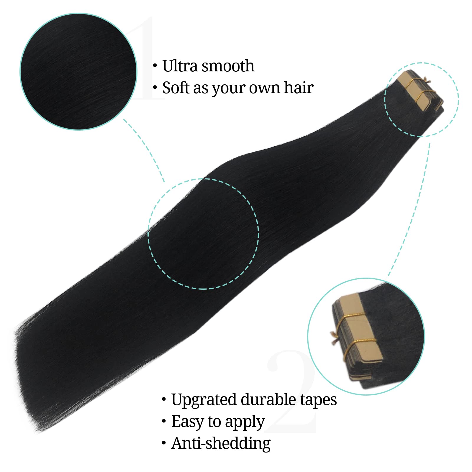 Doores Tape In Hair Extensions Human Hair, 18 Inch 50G 20Pcs Jet Black, Human Hair Extensions Tape In Remy Straight Hair Extensi
