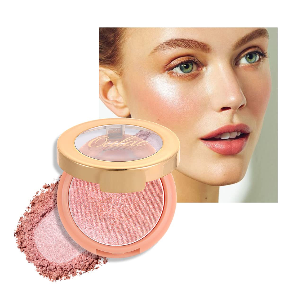 OULAC Lumious Blush Makeup| 2 in 1 Powdery Blush & Highlighter| Shimmer Metallic Glow| Shape & Highlight Face| Cruelty-Free & Hi