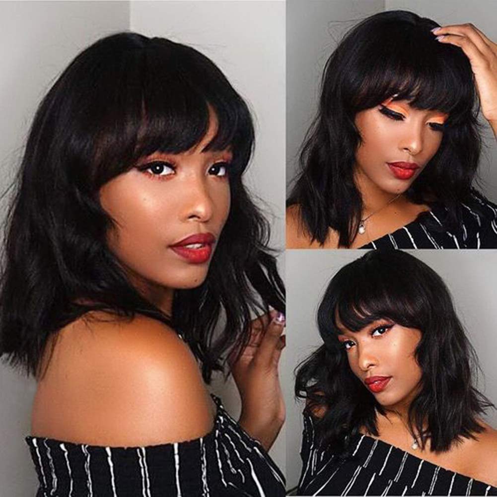 WIGNEE Natural Wave Wigs with Bangs 100% Brazilian Human Hair Fashion Wave Wigs Natural Black