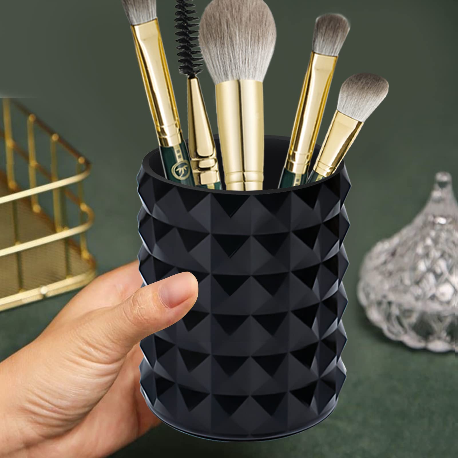 Funtygy Acrylic Makeup Brush Holder Organizer, Clear Pencil Pen Holder, Crystal Cosmetics Brushes Cup Storage Solution, Round