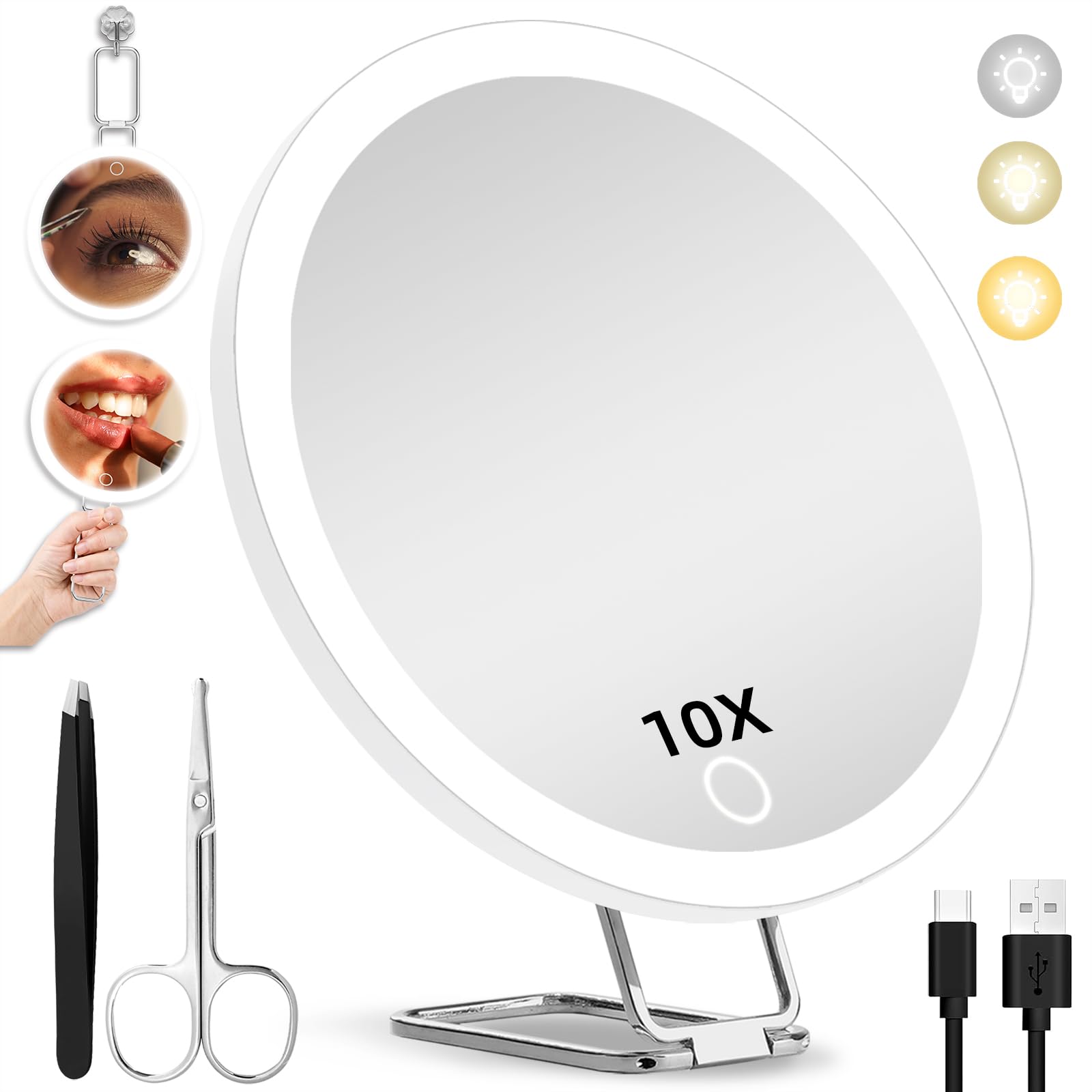 10X Magnifying Mirror with Lights, 6inch Lighted Magnifying Mirror with Suction Cups and Stand, Makeup Mirror with 10X Magnifica