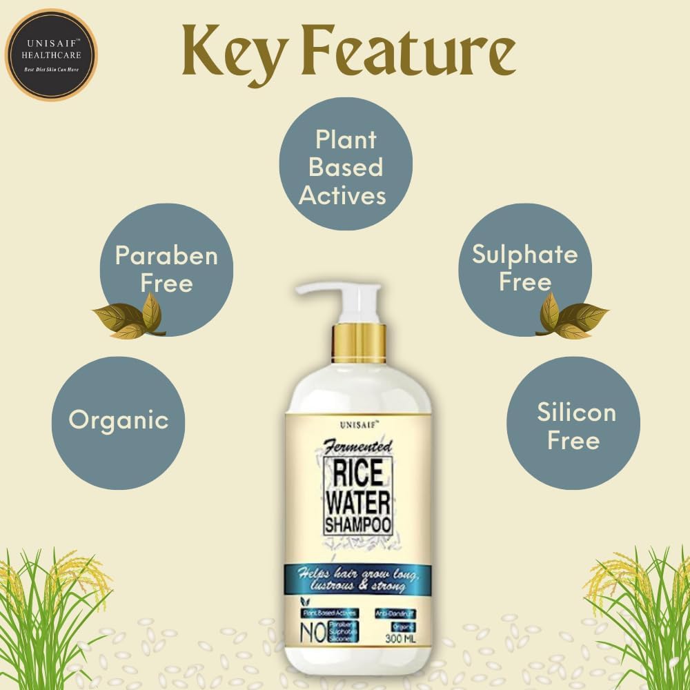 Unisaif Rice Water Shampoo For Curly Frizzy Hair - Natural & Organic With Coconut Oil, Soy Protein, Nourishing Ingredients For A