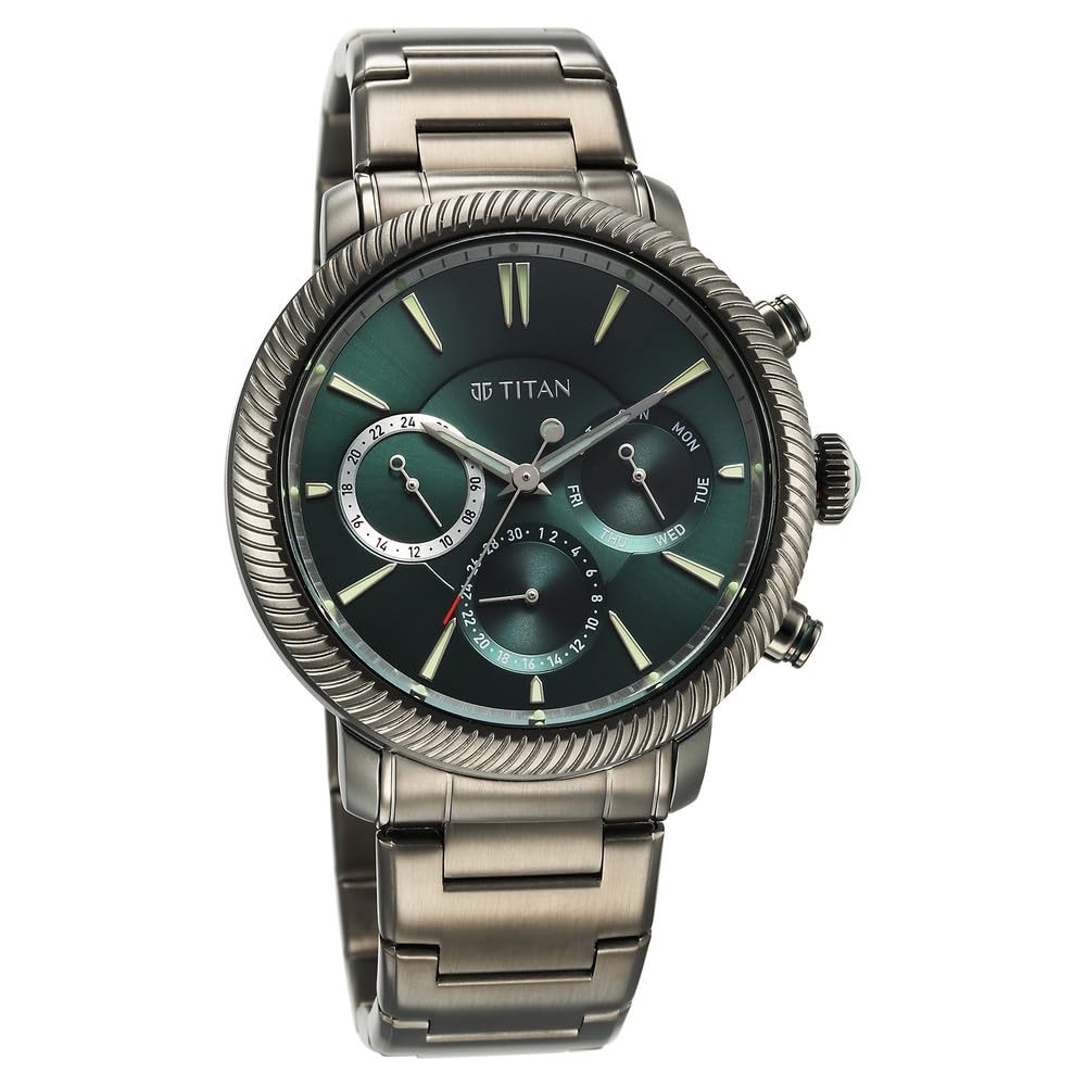Titan Regalia Stellar Quartz Multifunction Green Dial Stainless Steel Strap Watch for Men-NS10012QM01/NT10012QM01