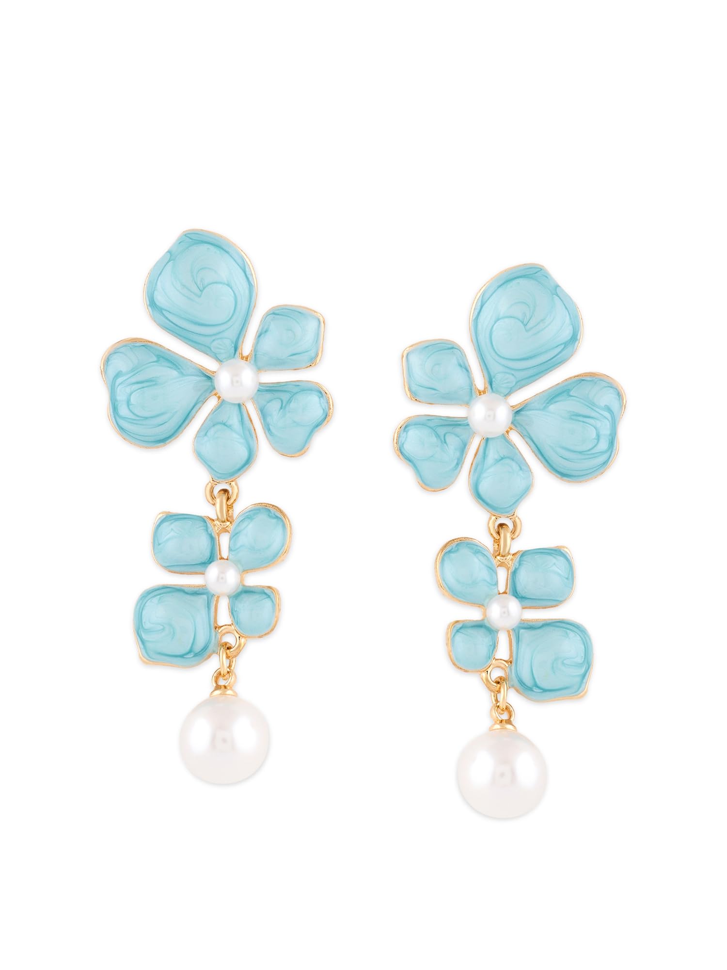 Zaveri Pearls Turquoise Blue Enamelling Flowers Contemporary Pearl Dangle Earring For WomenZpfk21861