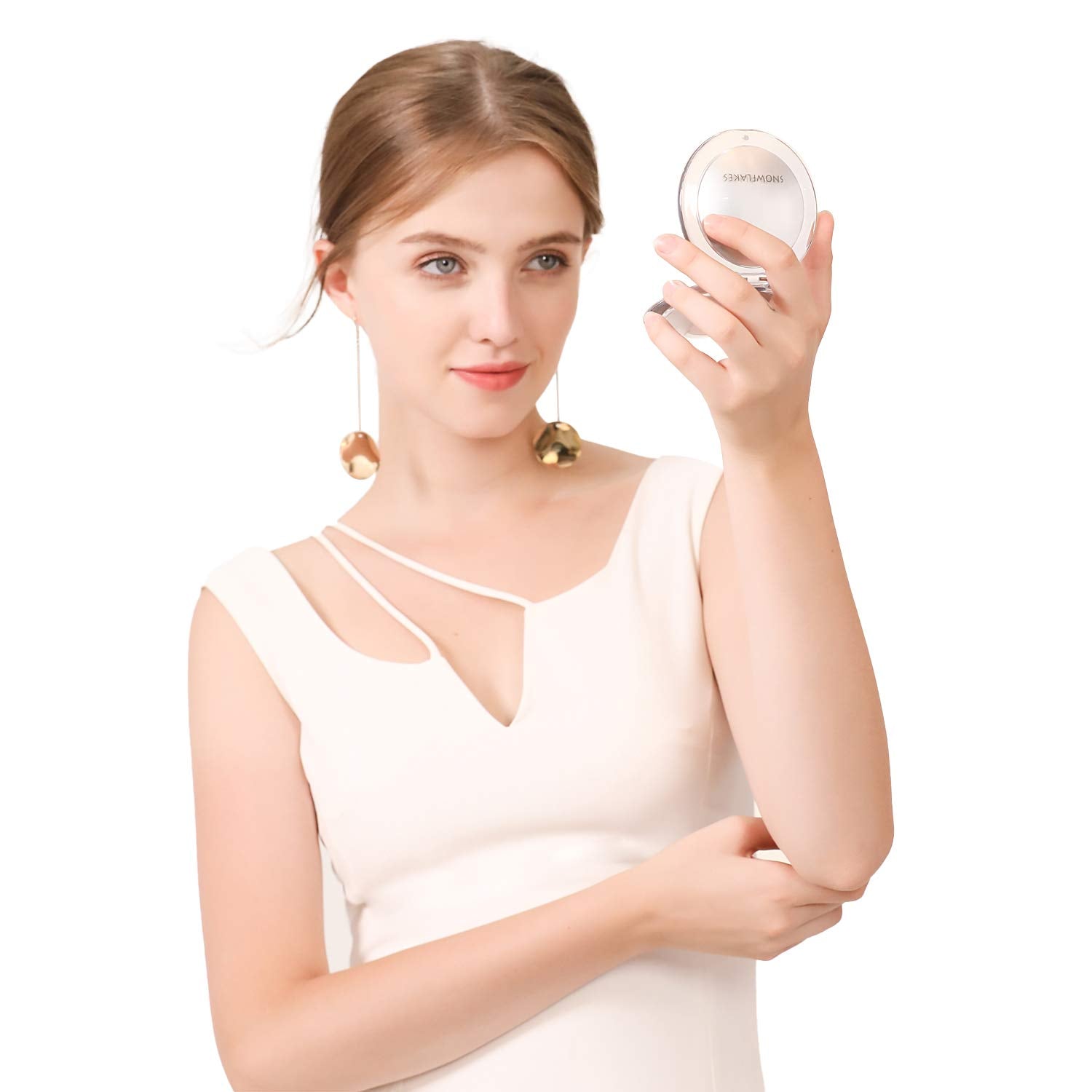 SNOWFLAKES Magnifying Compact Mirror - Double Sided 1x/10x, Small Travel Handheld Mirror, Silver Glass, Perfect for Purses