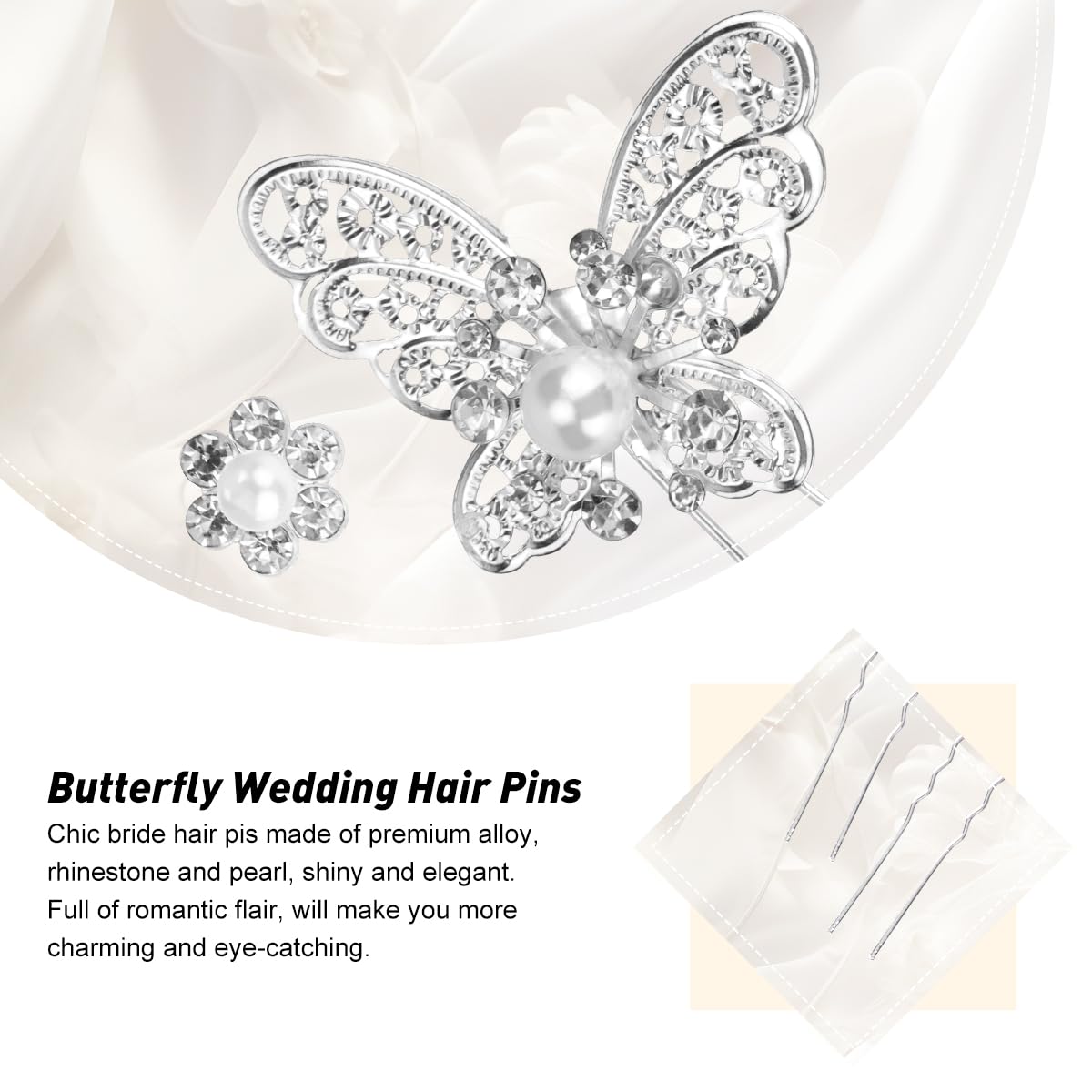 30Pcs Butterfly Wedding Hair Pins, Fhdusryo Shiny Bridal Hair Clips, Crystal Pearl Butterfly Flower Hairpin, U Shaped Rhinestone