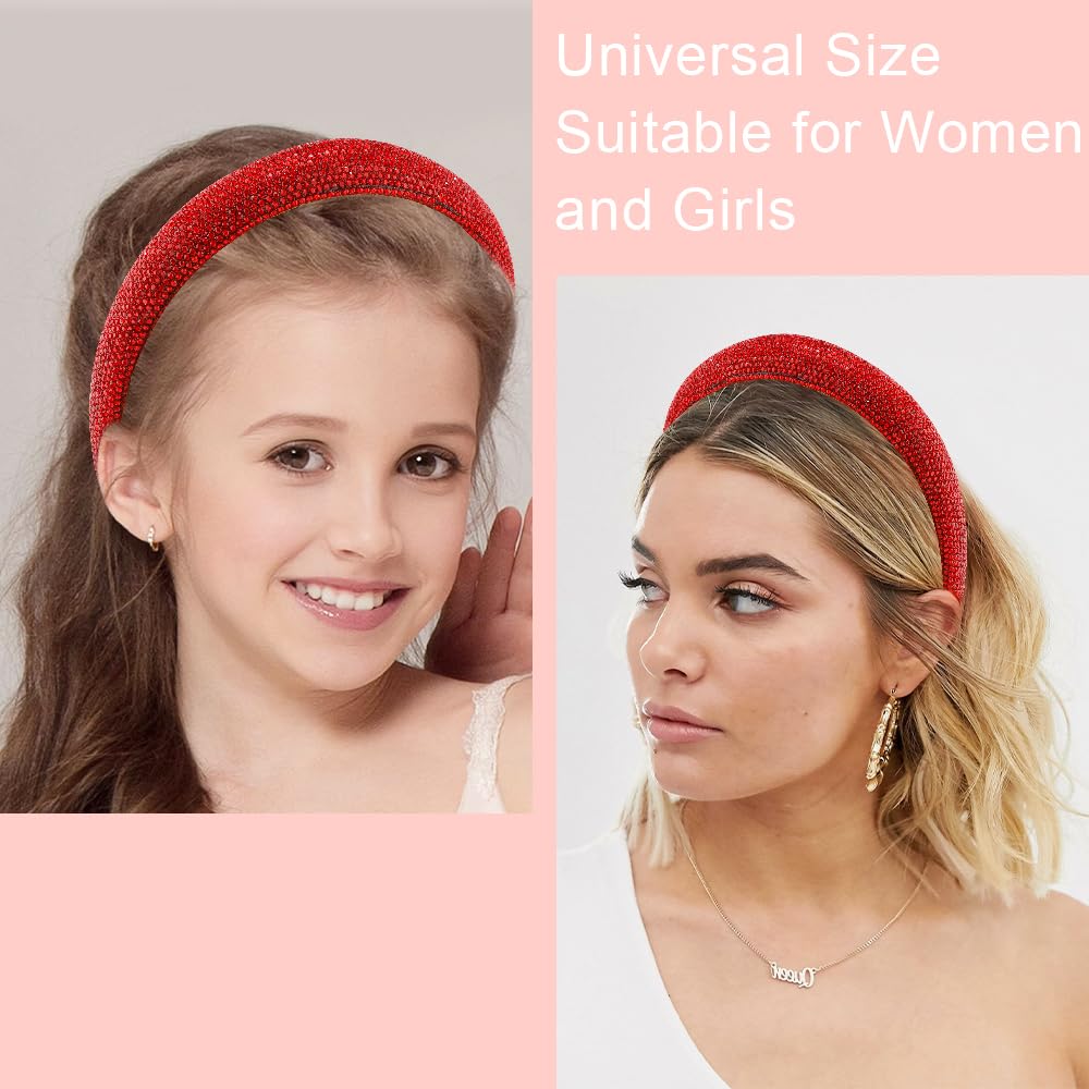 Ahoney Red Headband Rhinestone Headband For Women Girls, Hair Bling Crystal Glitter Sparkly Padded Headband Fancy Jeweled Embell