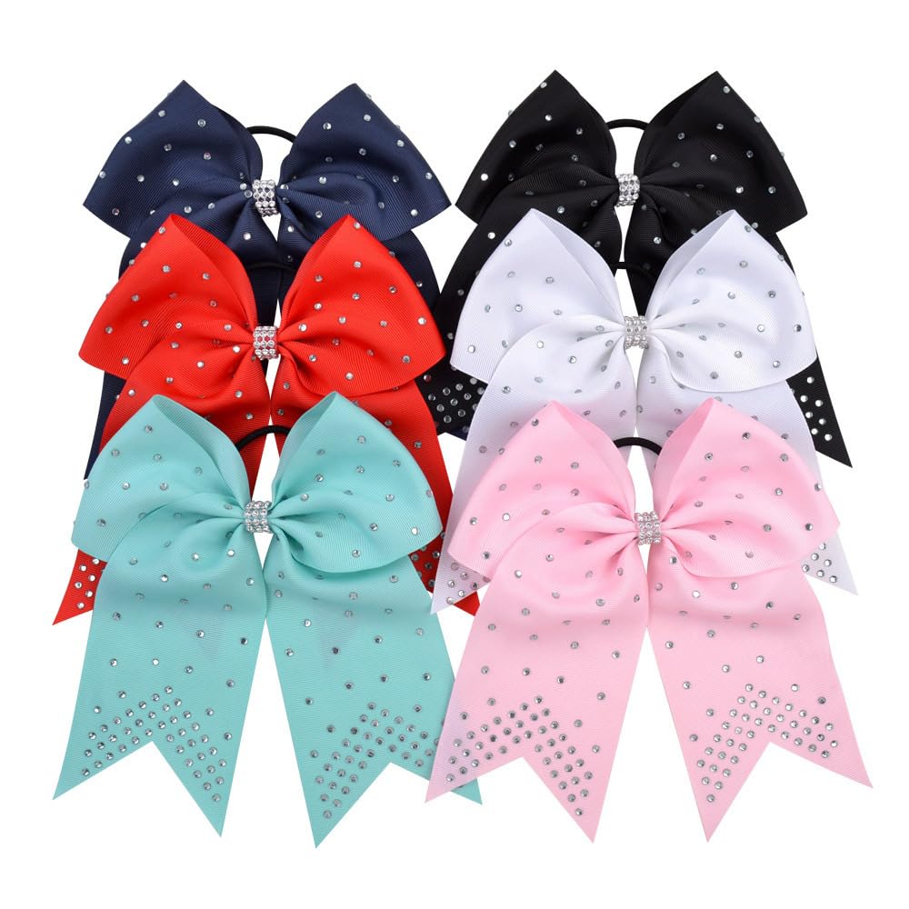 Xansema 7 Inches Rhinestone Hair Bows Elastic Hair Tie Ribbon Large Cheer Bow Ponytail Holder Hair Band For Women Girls Kids Tee