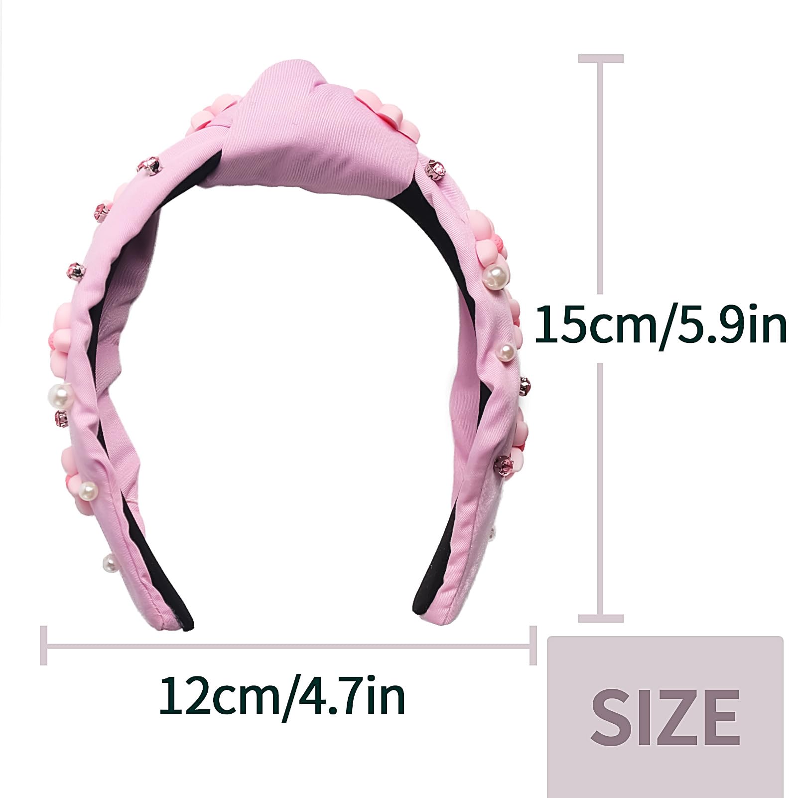 Rhinestone Knotted Headband for Women Girls, Pink Flower Jeweled Headband Sparkly Pearl Beaded Hair Hoop Cute Knot Hairband Fash