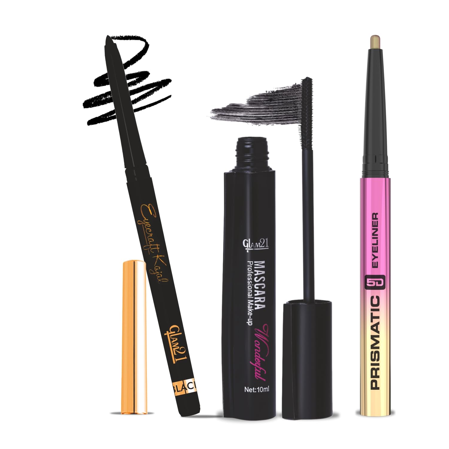 Glam21 Eye Makeup Combo: Mascara, Kajal Eyeliner, Waterproof Eyeliner, LongLasting, Smudgeproof, Matte Finish | Intense Black |