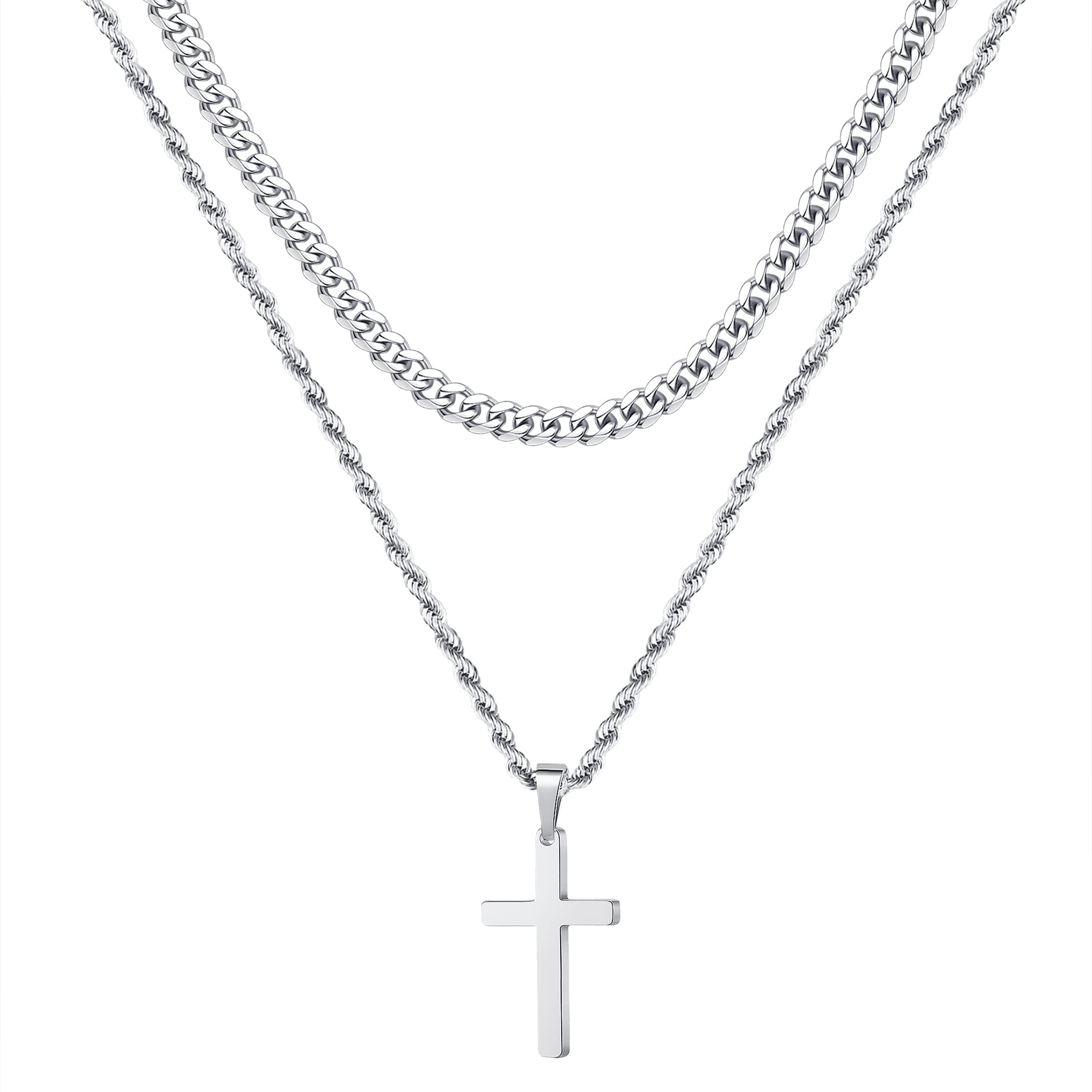 Ursteel Layered Cross Necklace for Men, 18K Gold Silver Black Stainless Steel Mens Cross Necklaces Cross Chain Layered Rope Chai