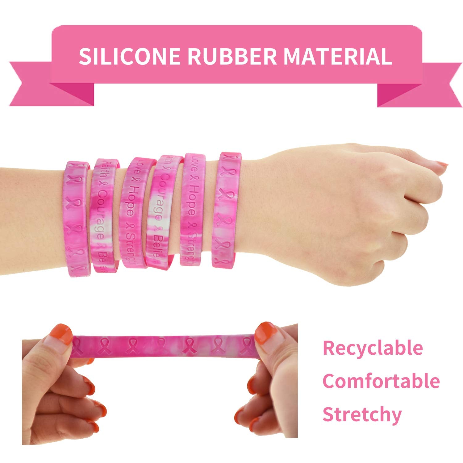 Bundle of 48 Pcs Die Cut Pink Ribbon Stickers and 48 Pcs Pink Ribbon Camouflage Breast Cancer Awareness Bracelets in 2 designs,