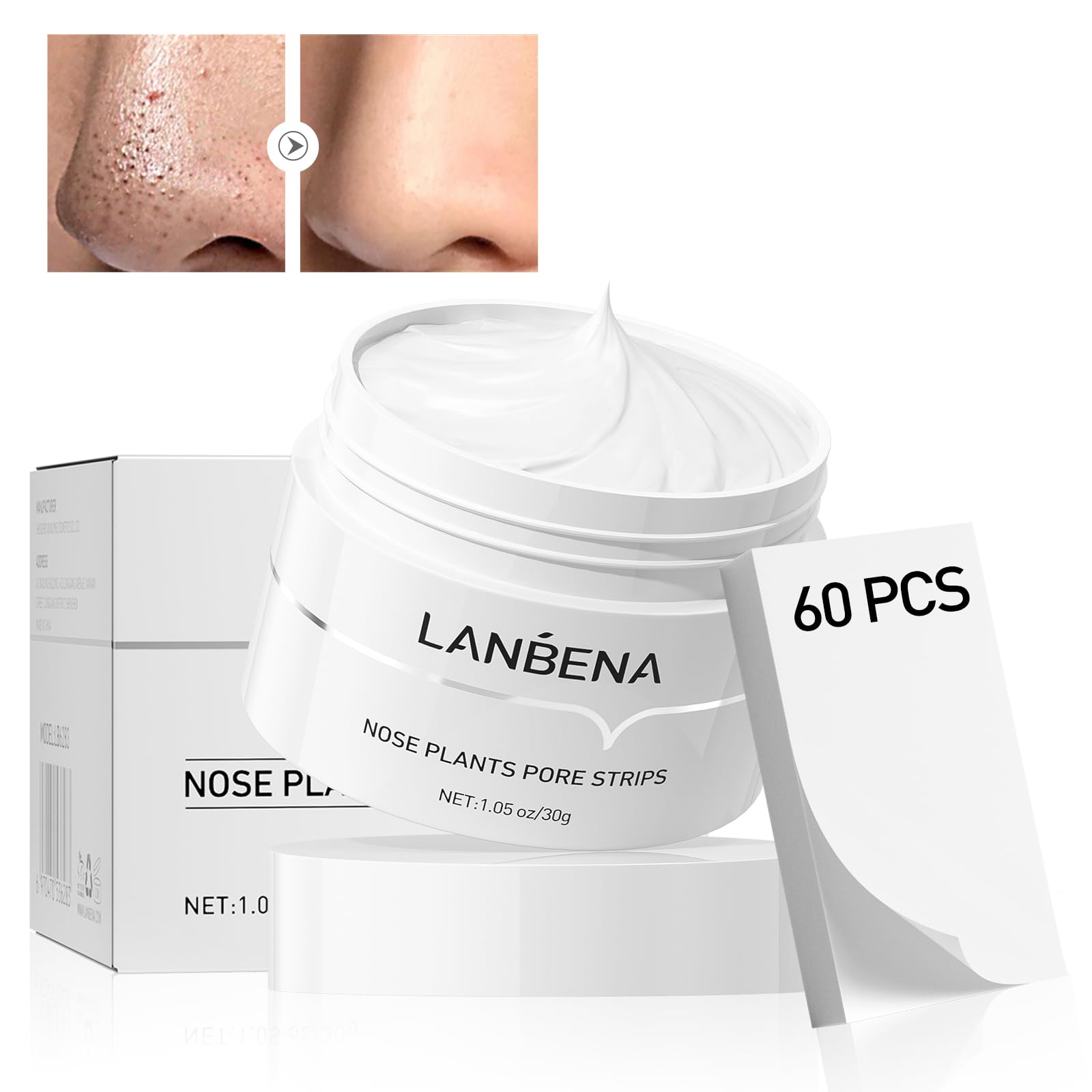 LANBENA Blackhead Nose Strips, 60pcs Deep Cleansing Peel-Off Mask, 1.03 Oz, Ivory