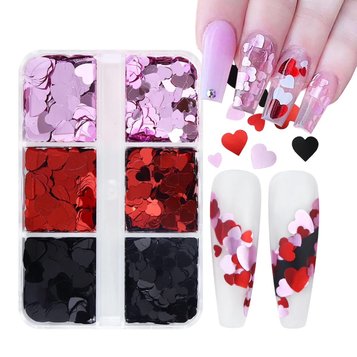 6 Grids Heart Nail Art Glitter Sequins Valentine's Day Nail Art Glitter Flakes 3D Holographic Love Heart Nail Sequins Heart Conf
