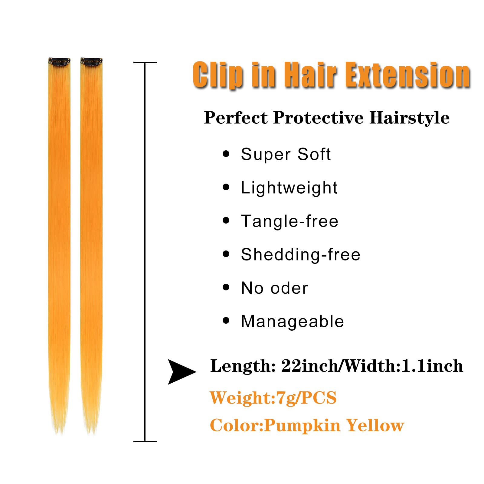 12Pcs Colored Pumpkin Yellow Hair Extensions Party Highlights Colorful Clip In Hair Extensions 22 Inch Straight Synthetic Hairpi