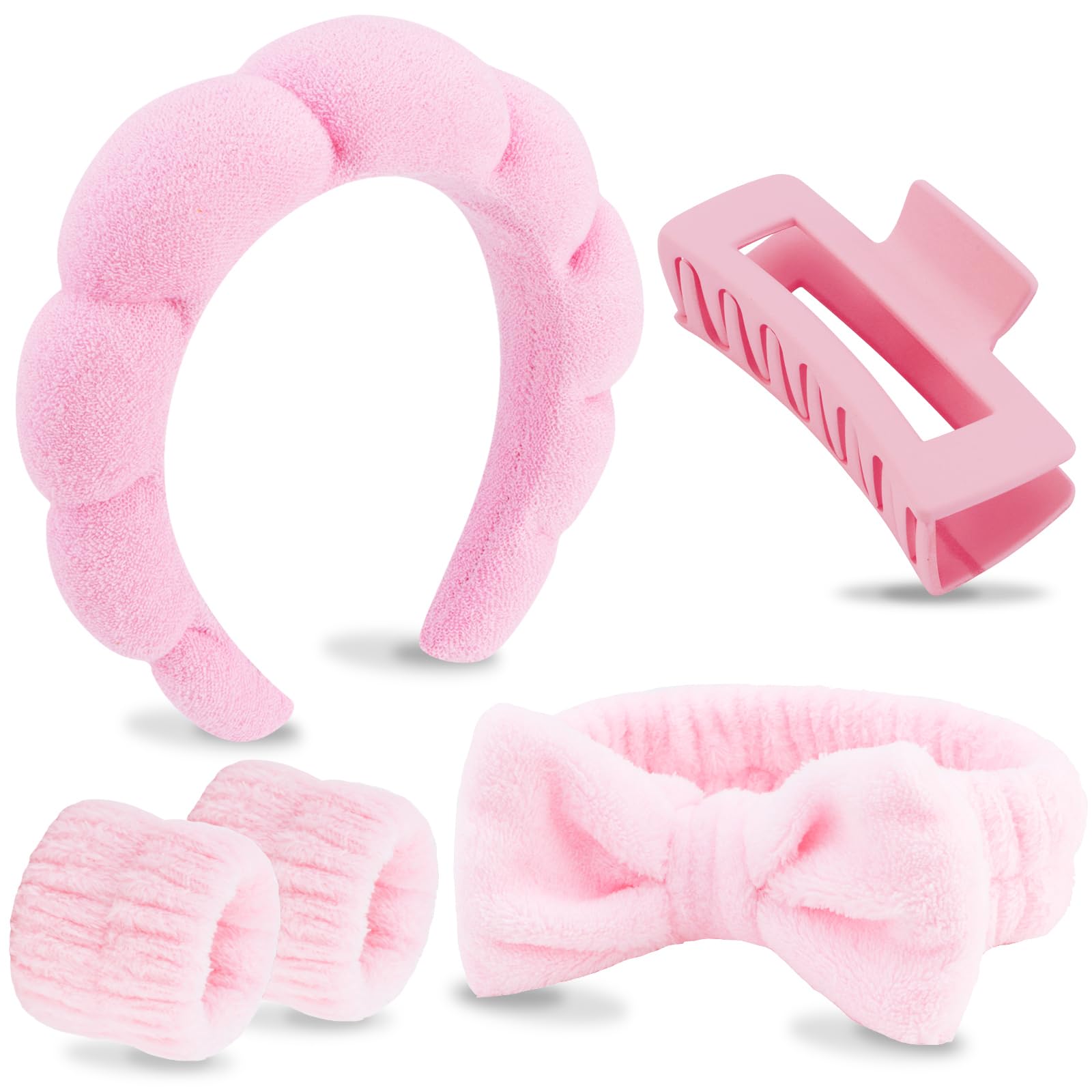 VELSCRUN 5 Pcs Pink Puffy Sponge Spa Headband Bow Tie Hair Band Hair Clips Wristband Set, Spa Headbands for Wash Face, Makeup He