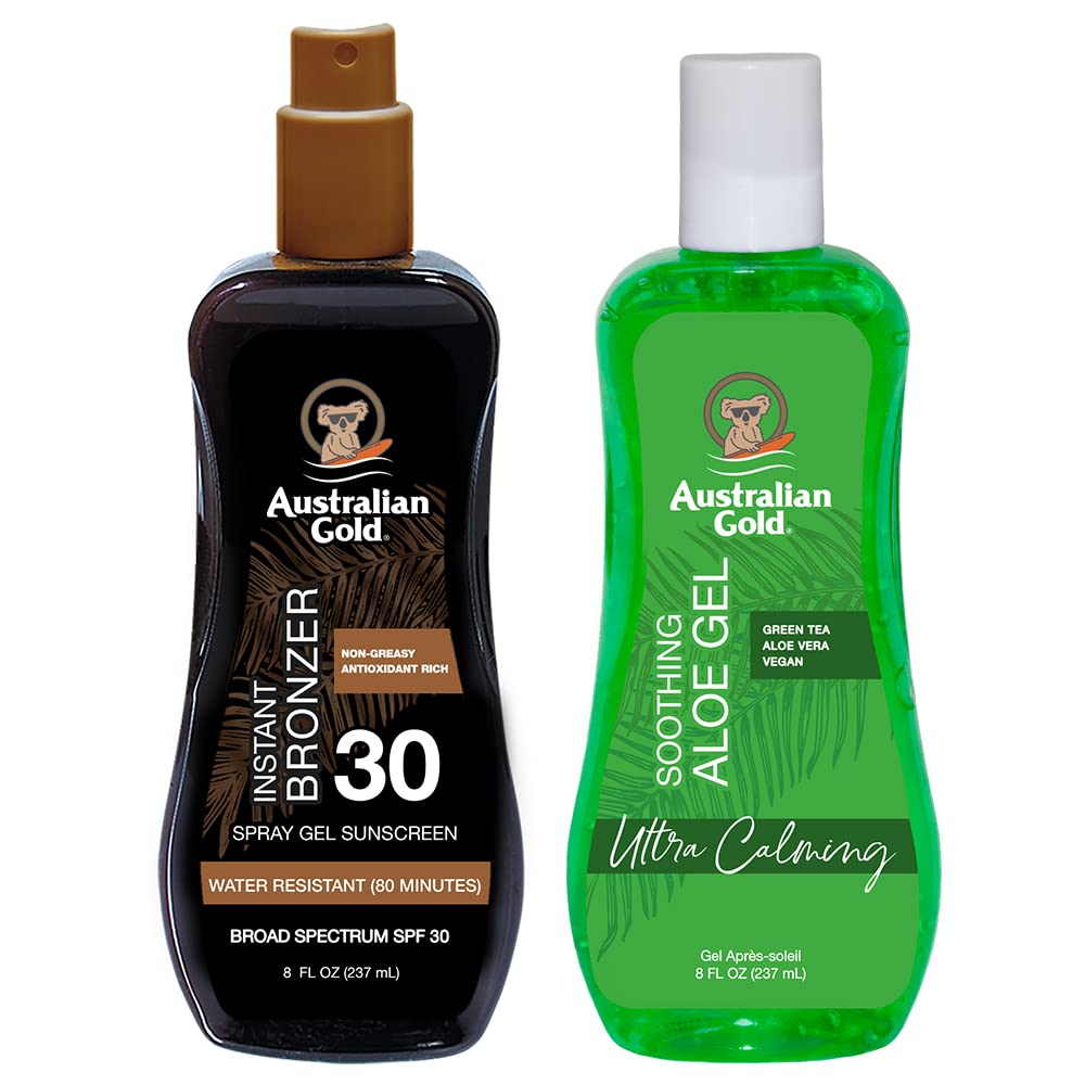 Australian Gold Sunscreen Gel Spray With Bronzer + Soothing After Sun Aloe Vera Gel, Hydrating Sunburn Relief & Broad Spectrum U