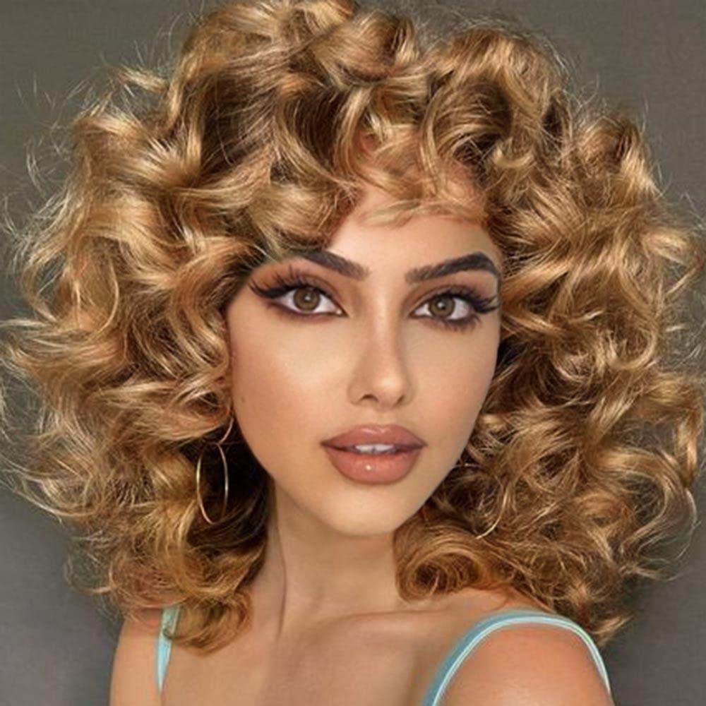 AIDUSA Afro Curly Wigs with Bangs Big Blonde Wigs for Black Women Light Brown Short Wigs Black Synthetic Hair Natural Wigs (#30 