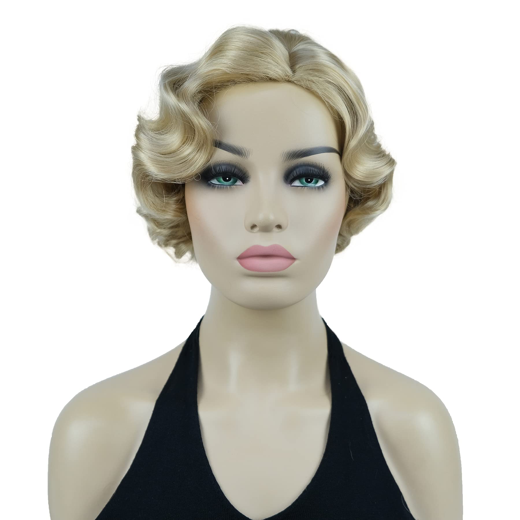 Lydell Vintage Cosplay Party Wig Short Finger Wavy Flapper Hairpiece +Free Wig Cap (26 Bright Golden Blonde)