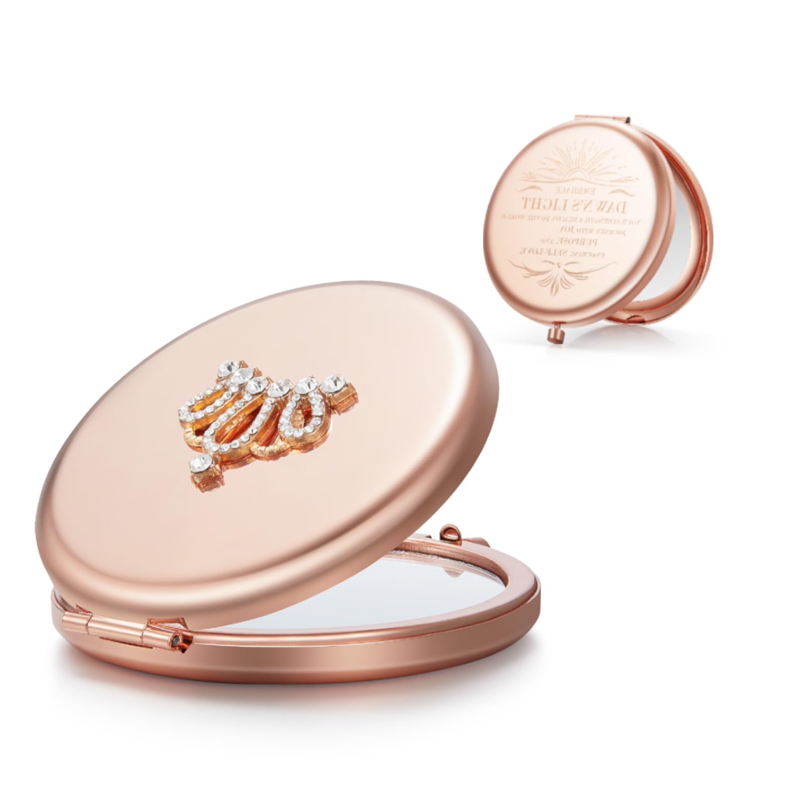 Omiro 1X/10X(300R) Magnifying Compact Mirror, Small Crown Engraved Pocket Makeup Mirror Gift For Her Women Mom(Rose Gold)