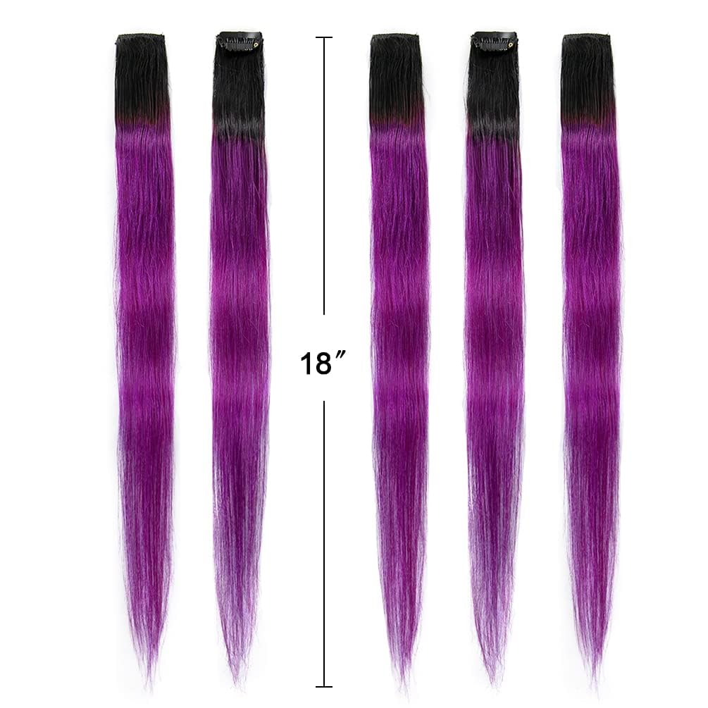 Winsky 100% Real Human Hair - Hairpiece For Women Clip On 5 Pieces/Set (18 Inch,1B-Purple)