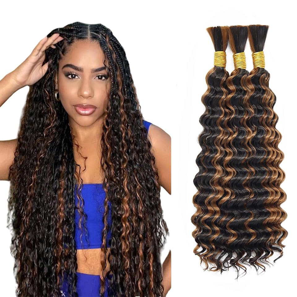 P4/30 Highlight Brown Human Braiding Hair for Boho Braids 12 12 12 Inch Highlight Blonde No Weft Deep Curly Bulk Human Hair Exte