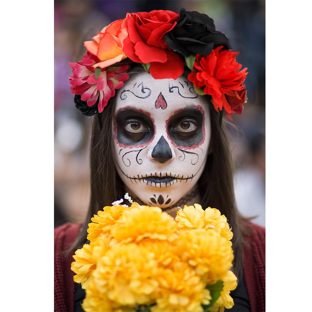 Atoden Flower Crown Day Of The Dead Rose Headbands Floral Crown Mexican Headpiece For Women Girls Black Red
