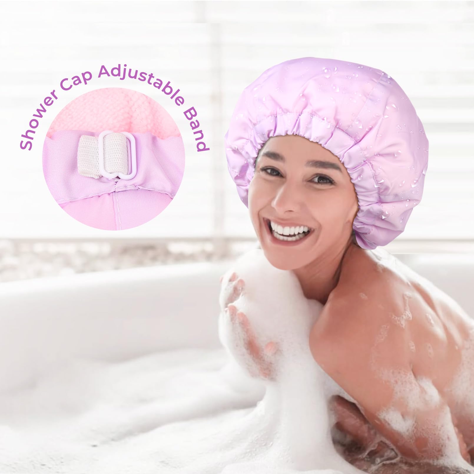 Shower Cap For Women Terry Lined Bath Cap Large Reusable Waterproof Elastic Band Pink Shower Caps For Long Thick Hair Soft Bath