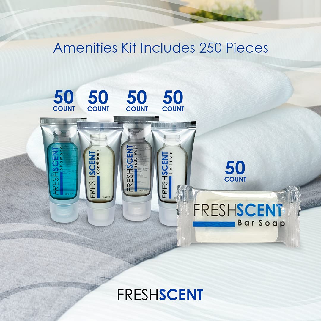 Freshscent Hotel Collection 250 Piece Set. Travel Size Amenities Bulk Toiletries Kit Of 50 Each 1Oz Tubes Shampoo, Conditioner,