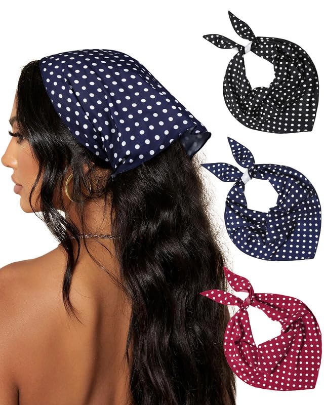 AWAYTR 3Pcs Hair Bandanas Head Kerchief for Women Girls Tie-Back Boho Hair Scarf Headband Bandana Triangle Head Scarf (Polka Dot