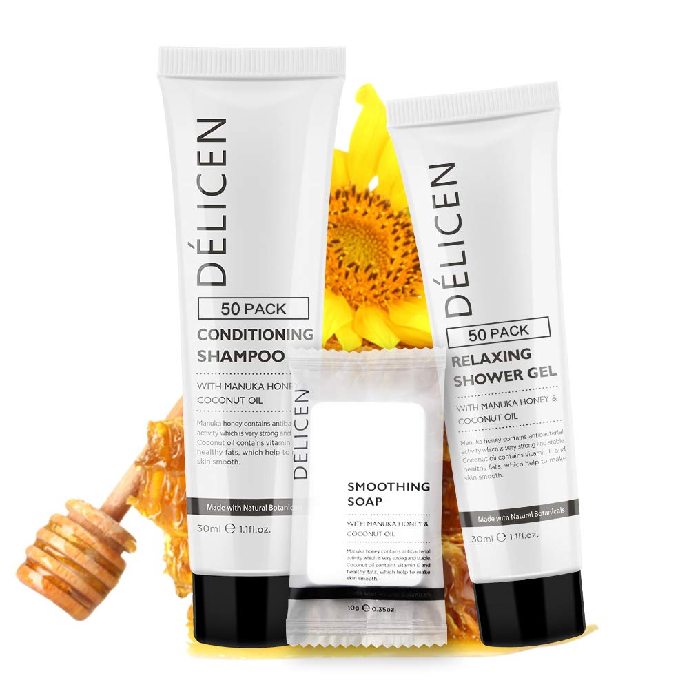 OPPEAL Delicen Manuka Honey Hotel Amenities | Rectangular Soap Bars, Conditioning Shampoo, Body wash 3-Piece Set | Clementine Sc