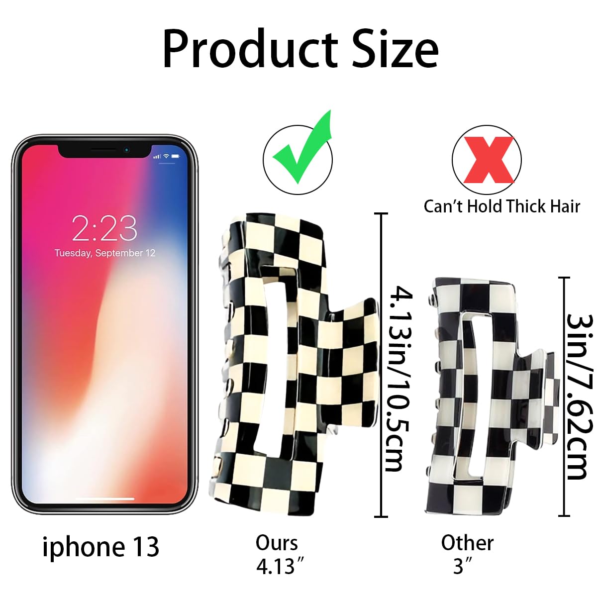 2 PCS Checkered Hair Claw Clips Square Checker Barrettes Cute Non Slip Hair Jaw Clips Strong Hold Rectangle Hair Claw Multicolor