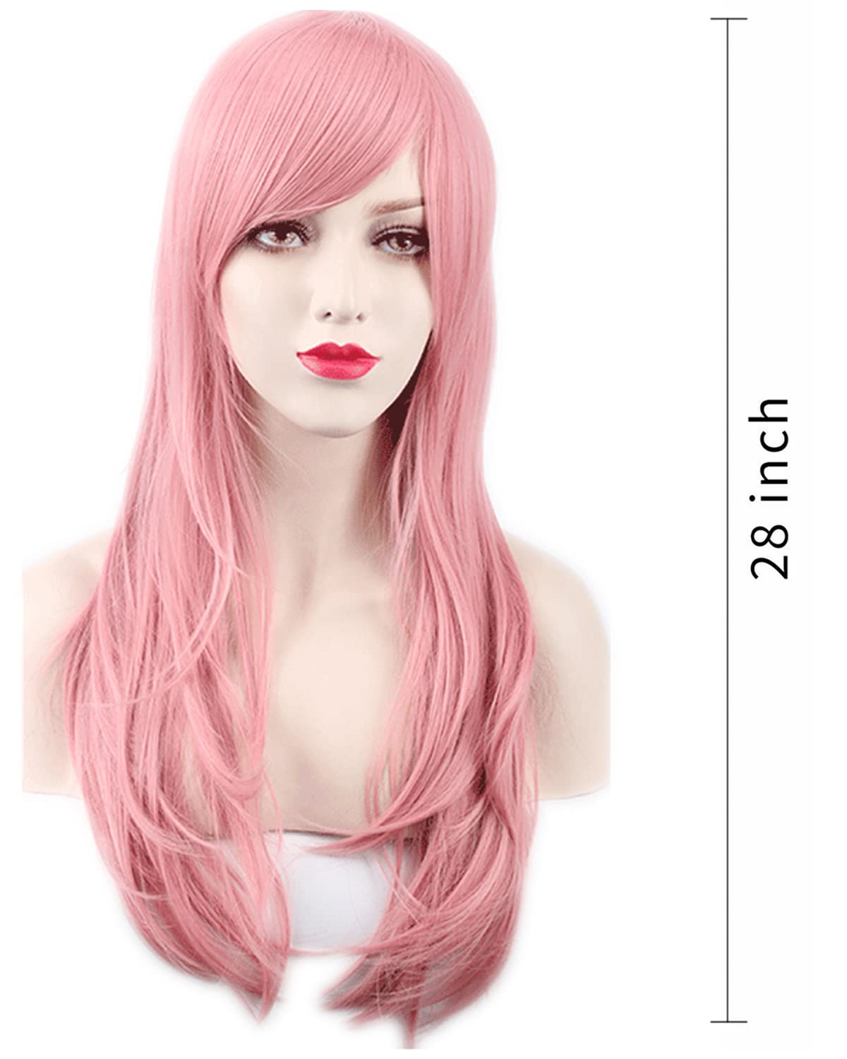 Aneshe Wigs 28'' Long Wavy Hair Heat Resistant Cosplay Wig For Women (Pink)